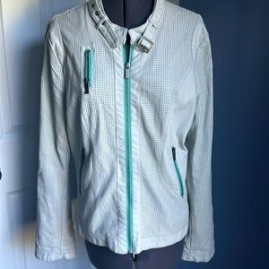 Buckle jacket white faux leather bikercore bomber zippers size large